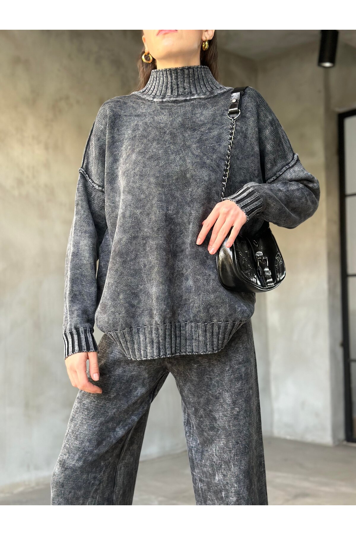Tasarım Örme Yıkamalı Pantolon Kazak Takım - Antrasit