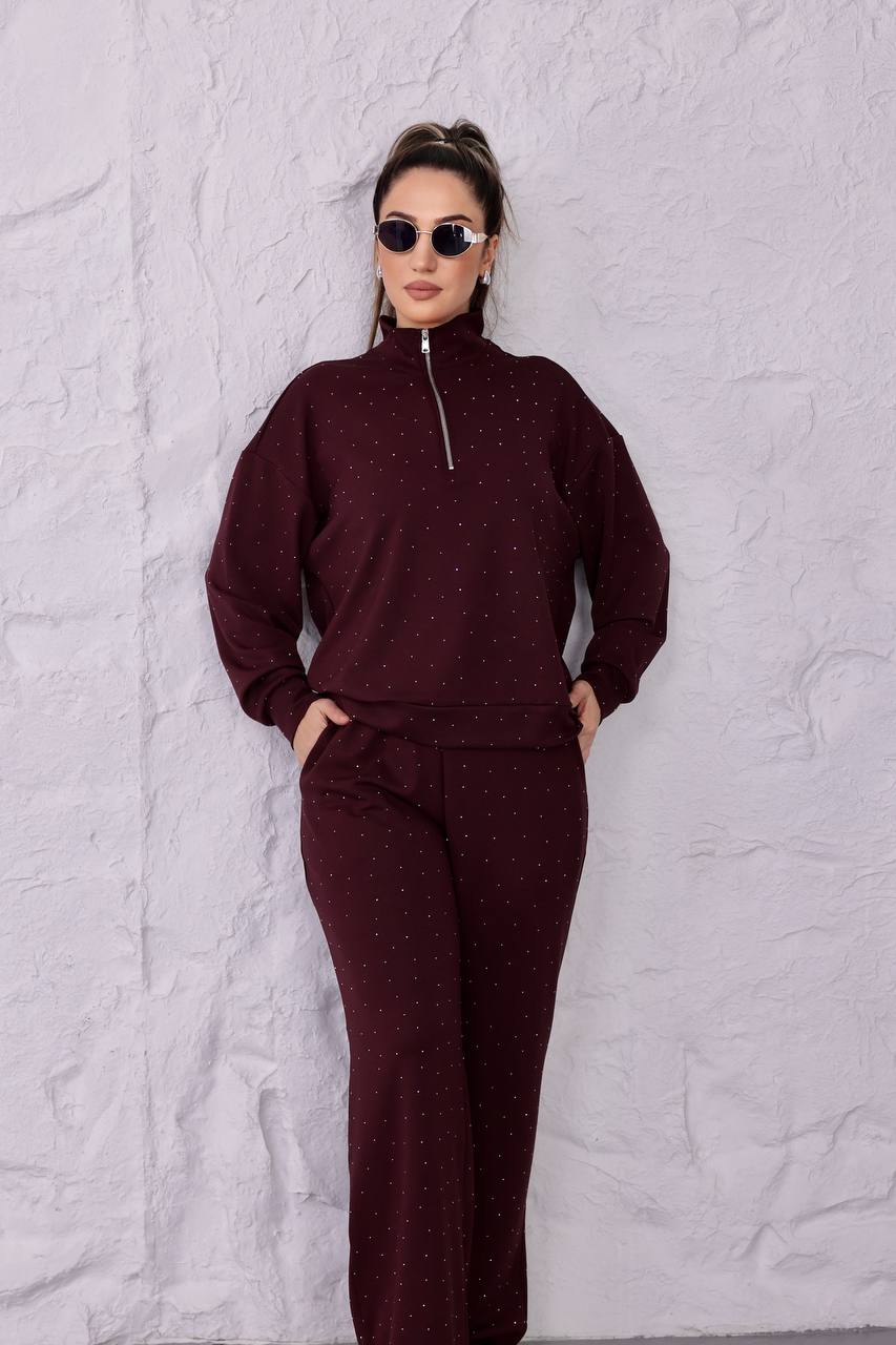 Taş Detaylı Likralı O.Y.Ş Kumaş Fermuarlı Eşofman Takımı