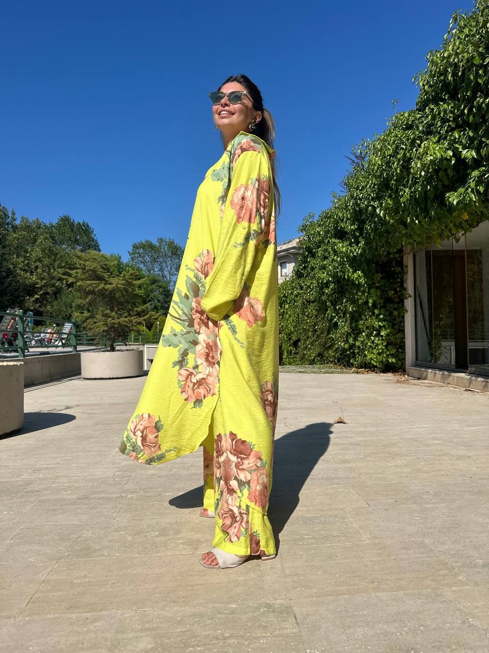 Çiçek Desenli Tunic Pantolon İkili Takım - Sarı