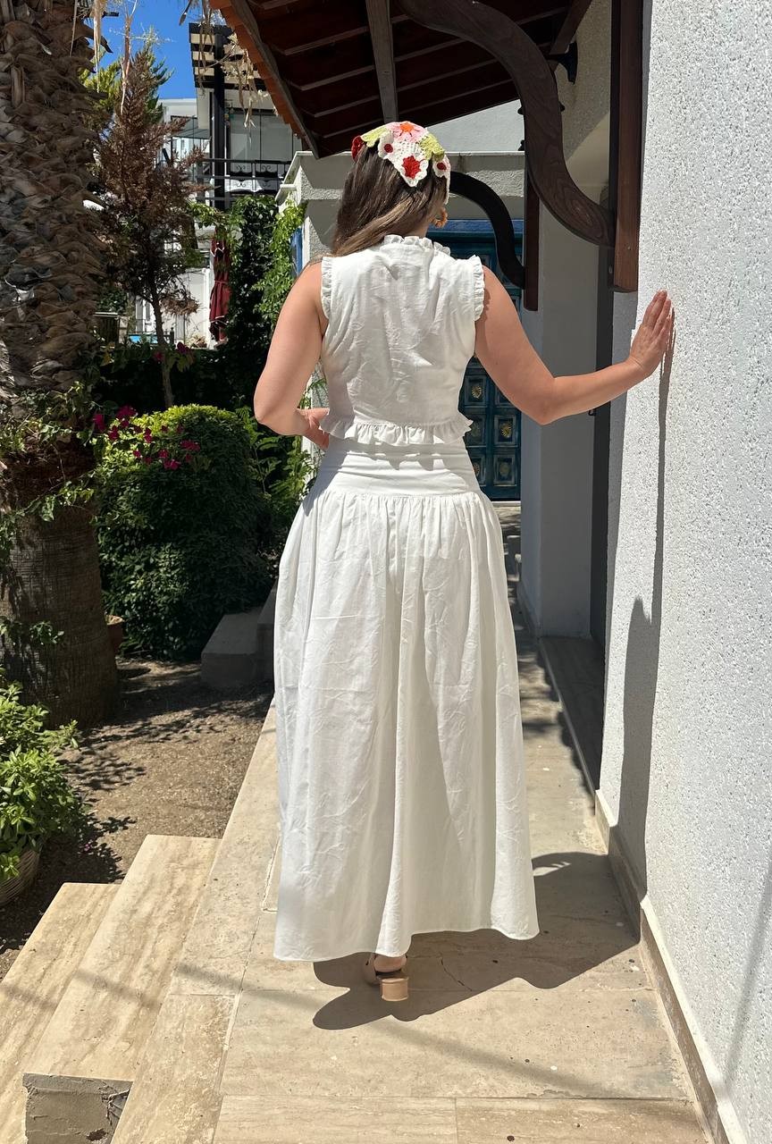 Bel Aksesuarlı Pamuklu Bluz Etek Takım 