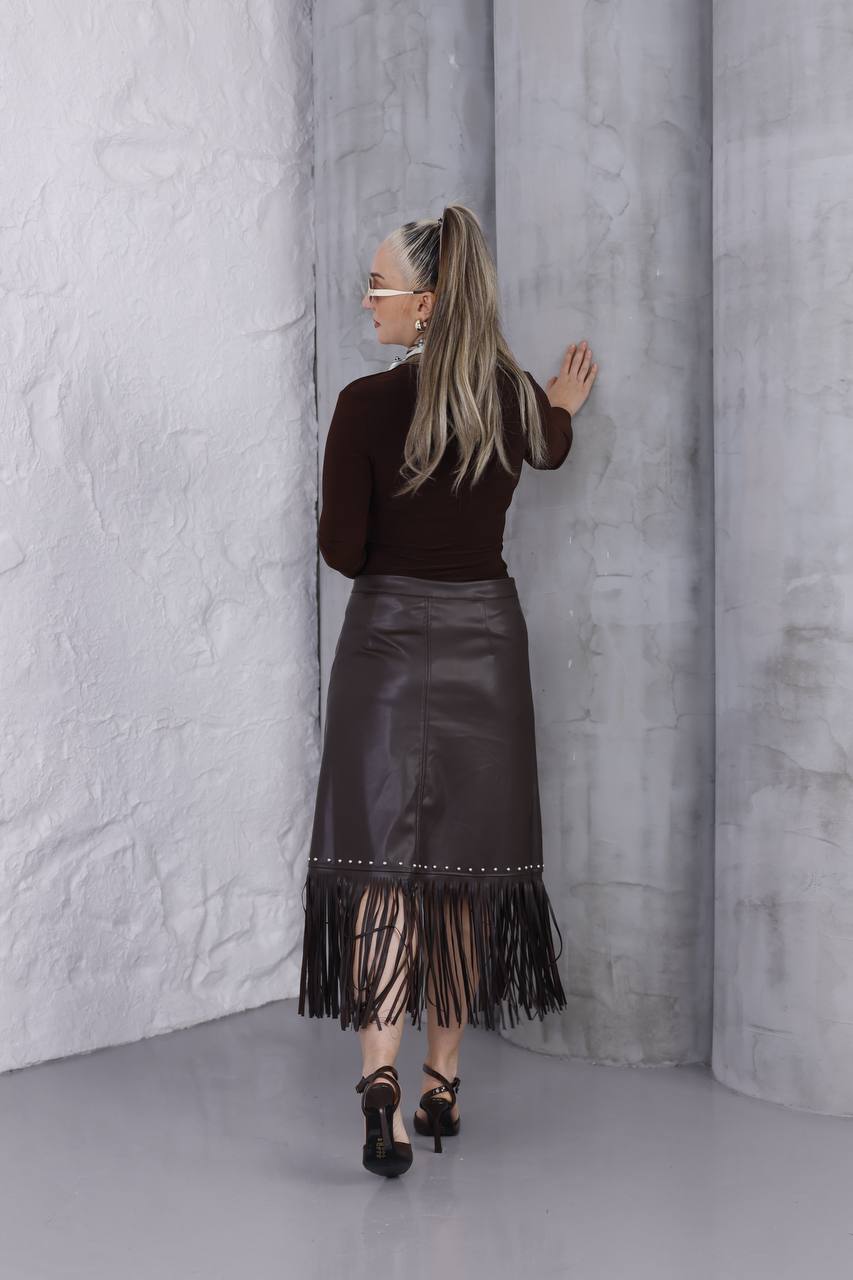 Püsküllü Deri Uzun Etek 