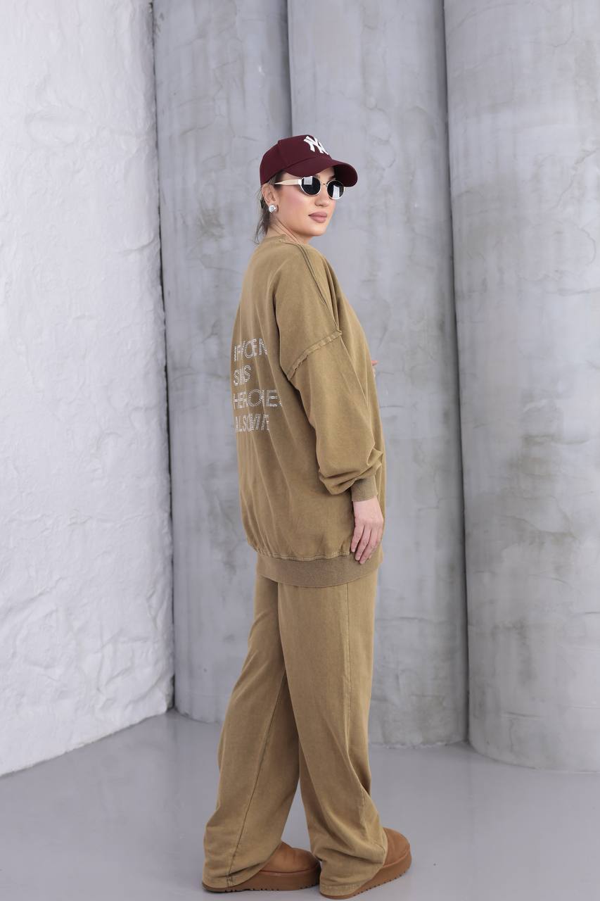 Yıkamalı Taşlı Oversize Salaş Eşofman Takımı  - Hardal