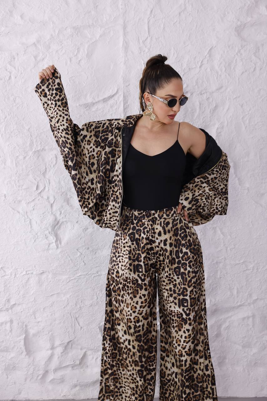 Z.R Muadil Leopar Premium Dokulu Saten Bomber Ceket Pantolon Takım