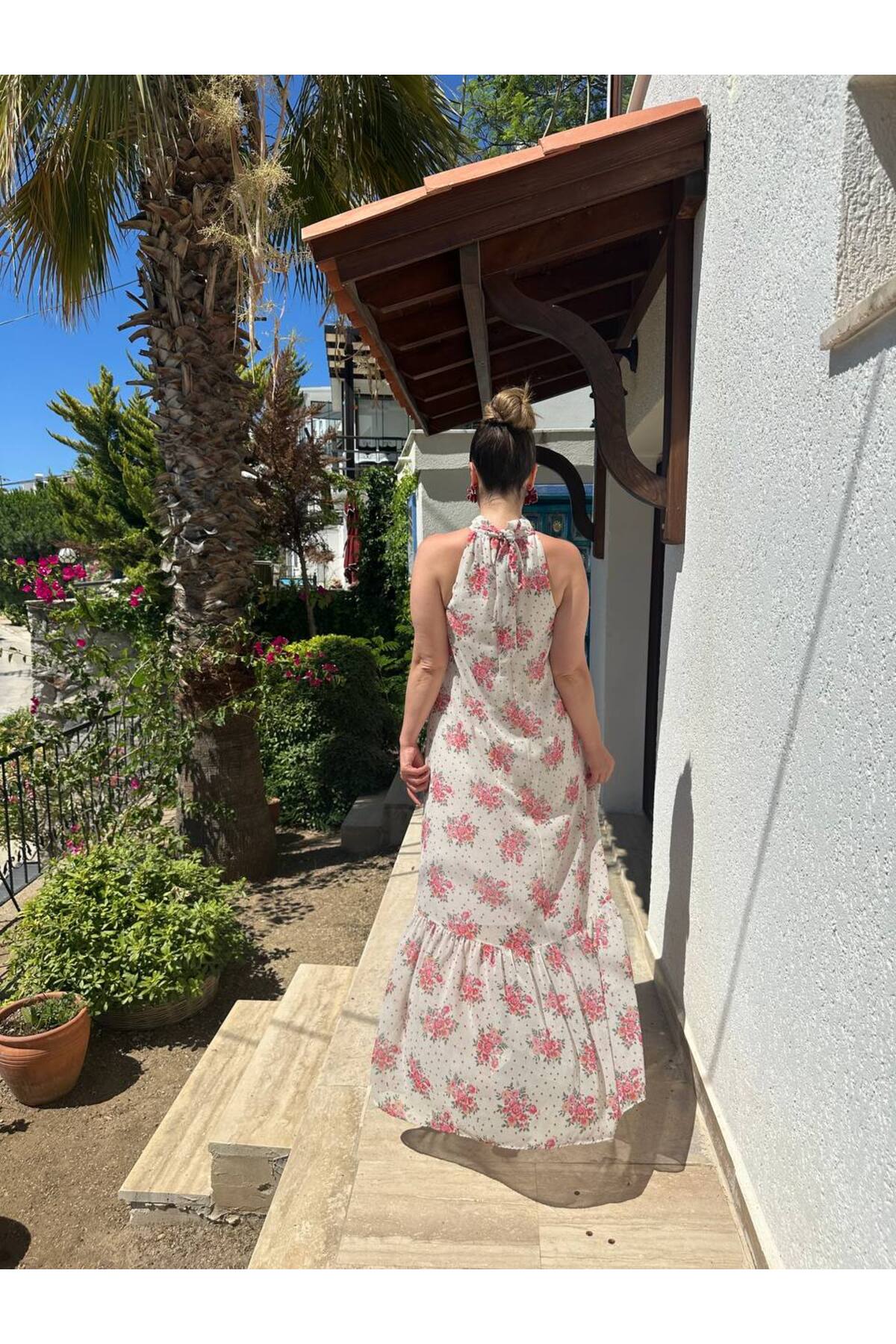 İthal Şifon Astarlı Uzun Boyundan Bağlamalı Elbise