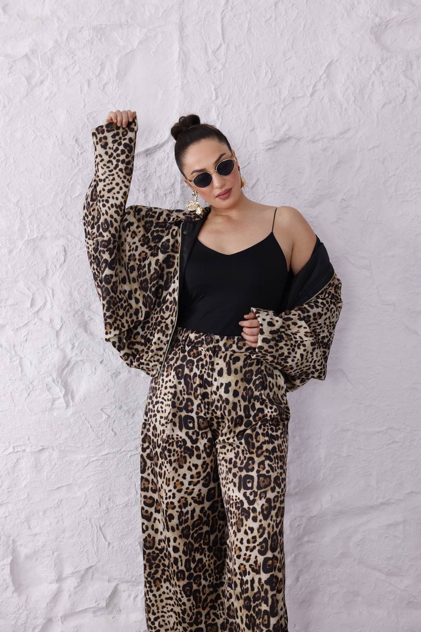 Z.R Muadil Leopar Premium Dokulu Saten Bomber Ceket Pantolon Takım