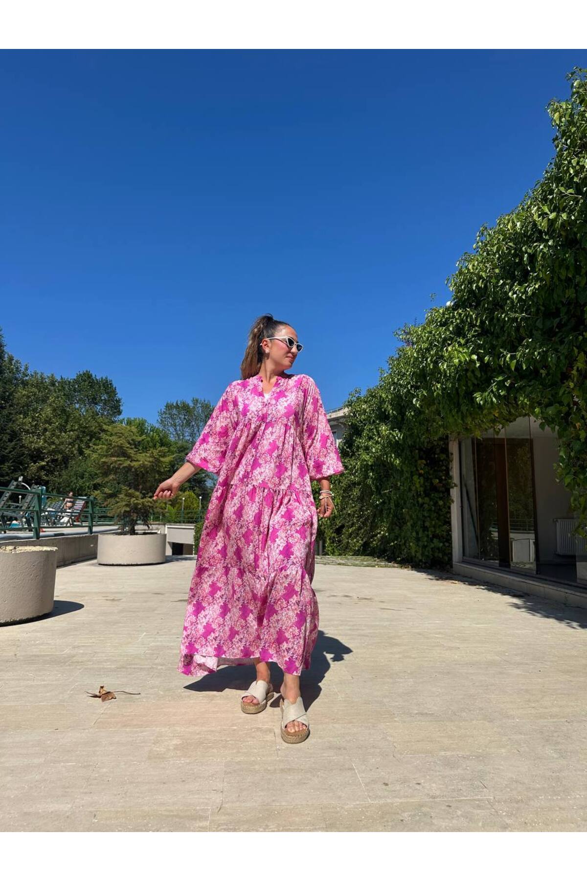 Çiçek Desenli Salaş Uzun Balon Kol Elbise