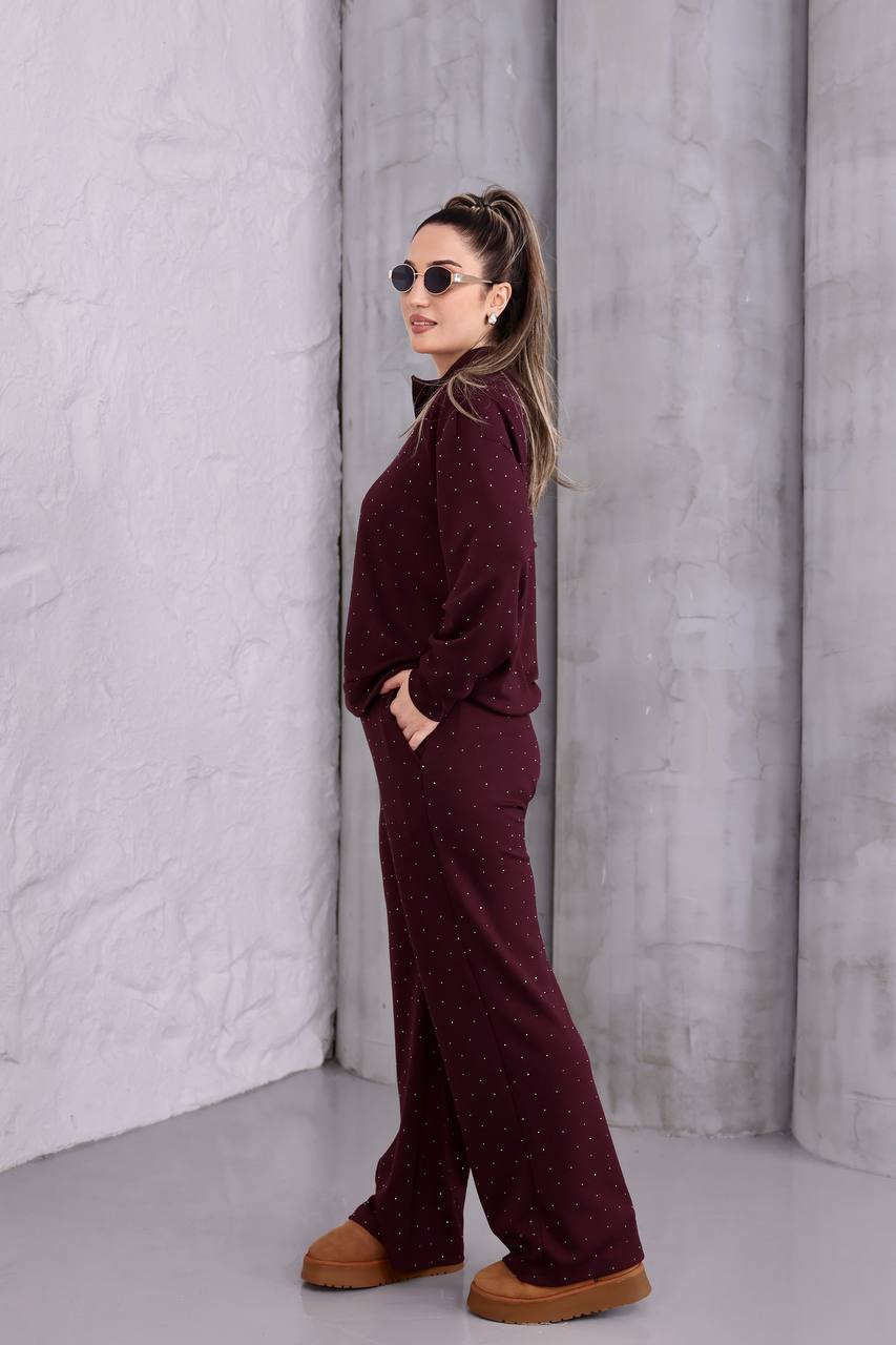 Taş Detaylı Likralı O.Y.Ş Kumaş Fermuarlı Eşofman Takımı