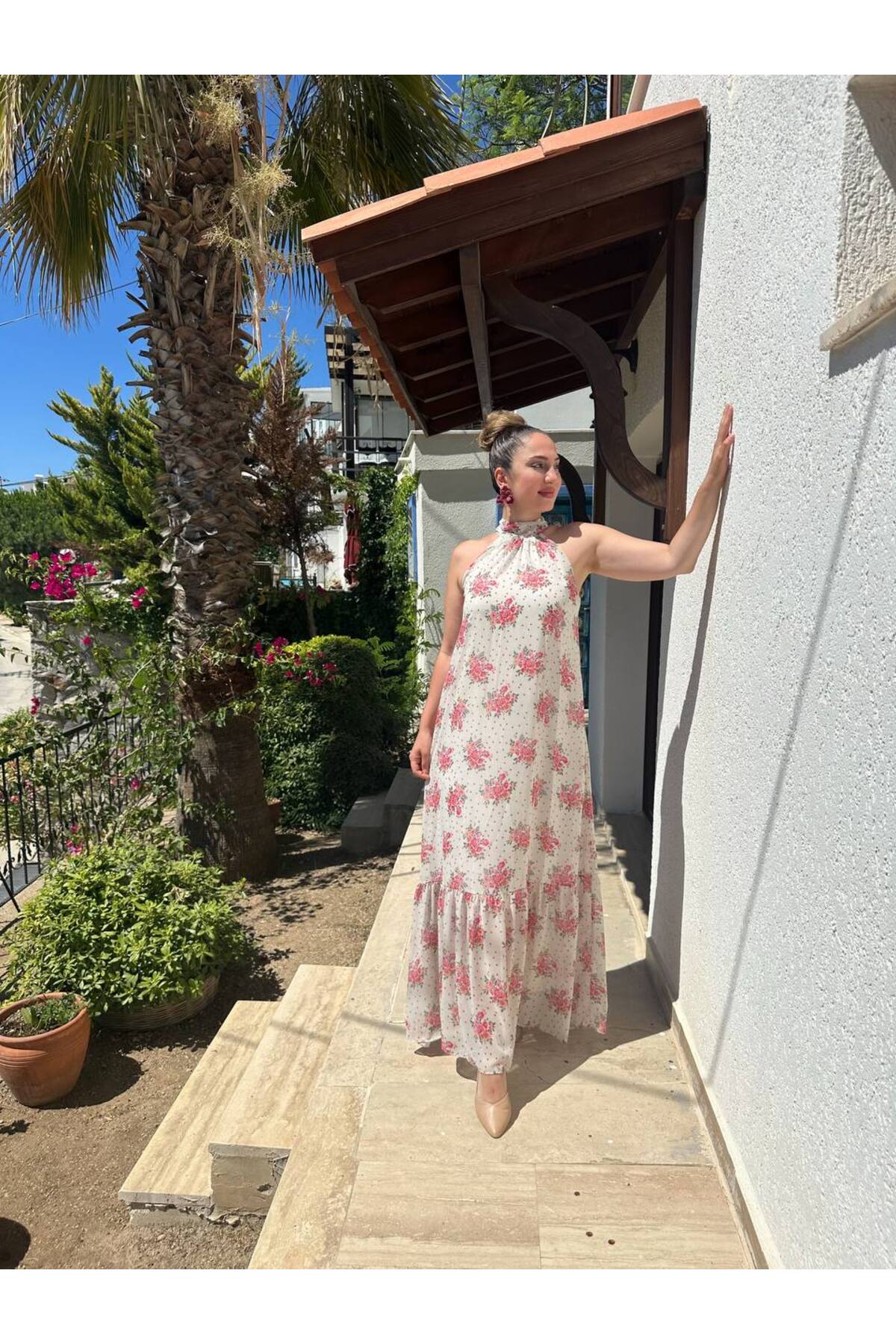 İthal Şifon Astarlı Uzun Boyundan Bağlamalı Elbise