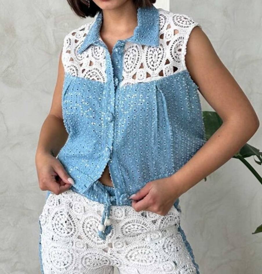 TASARIM Soft Payetli Jean Pamuk Dantelli Gömlek