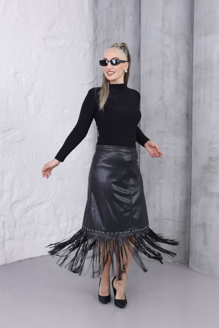 Püsküllü Deri Uzun Etek  - Siyah