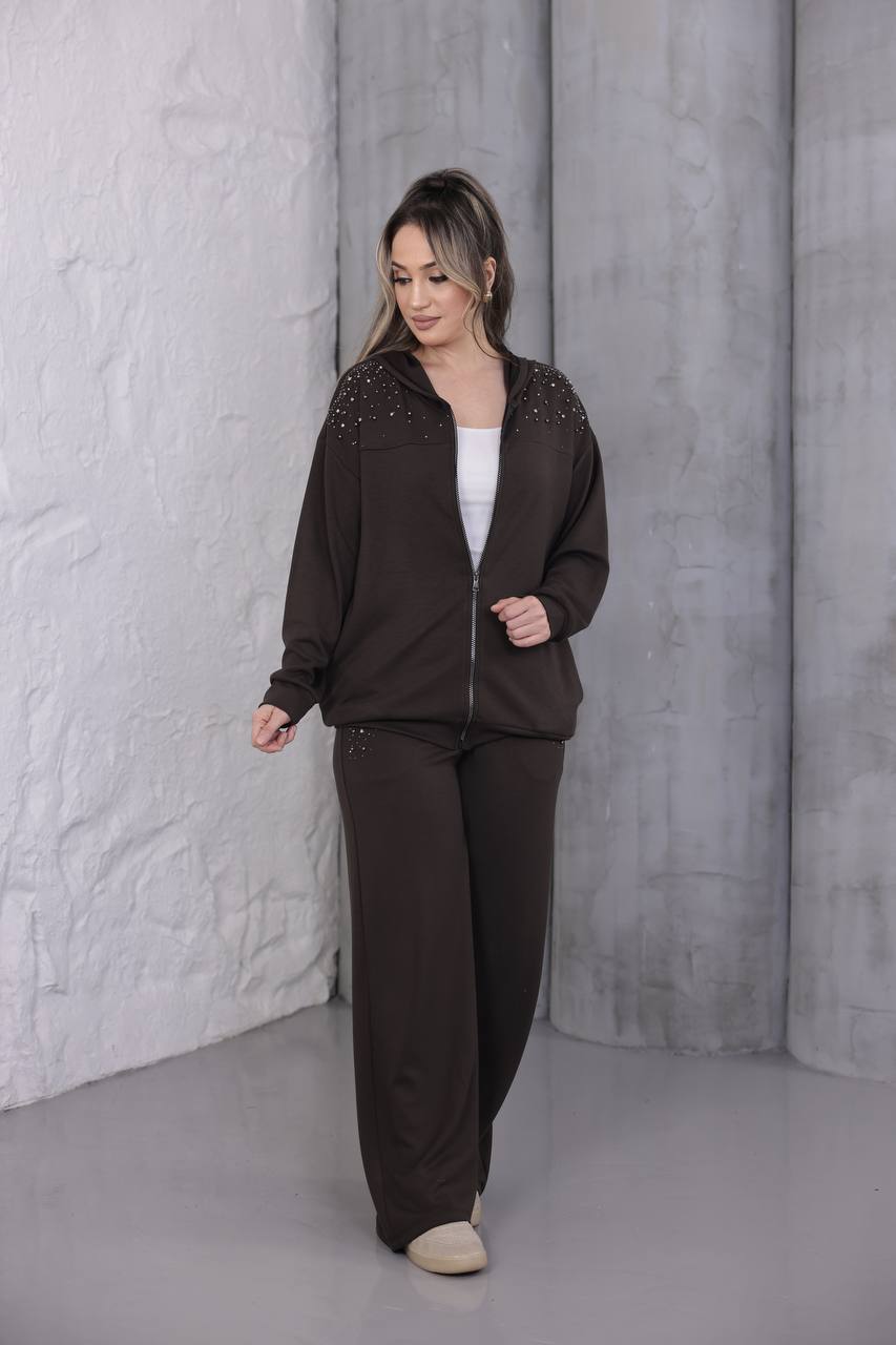 Taş ve İnci İşlemeli Fermuarlı Eşofman Takım - Kahverengi