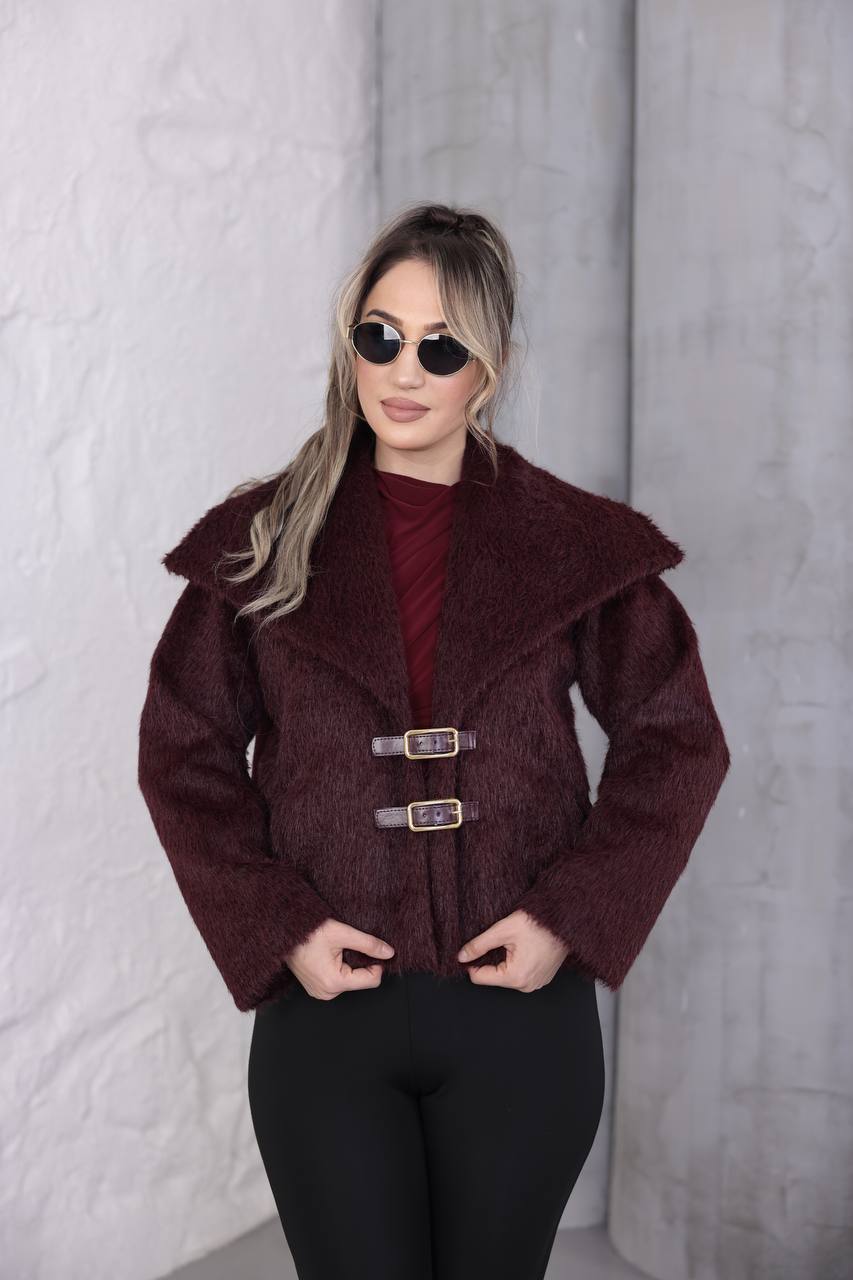 Premium Kaşmir Deri Tokalı Kısa Ceket - Bordo