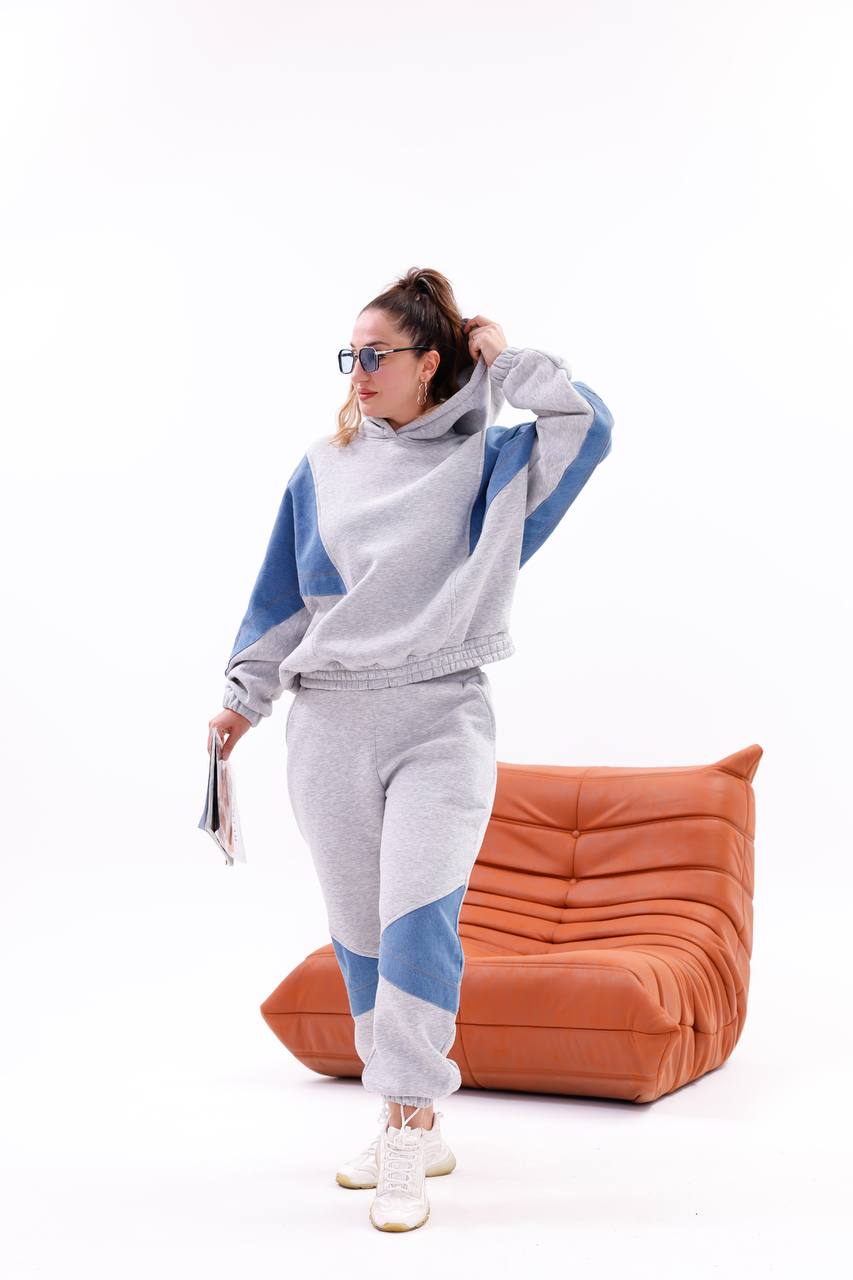 Tasarım Kapşonlu Oversize Jean Detaylı Sweatshırt Eşofman Takım