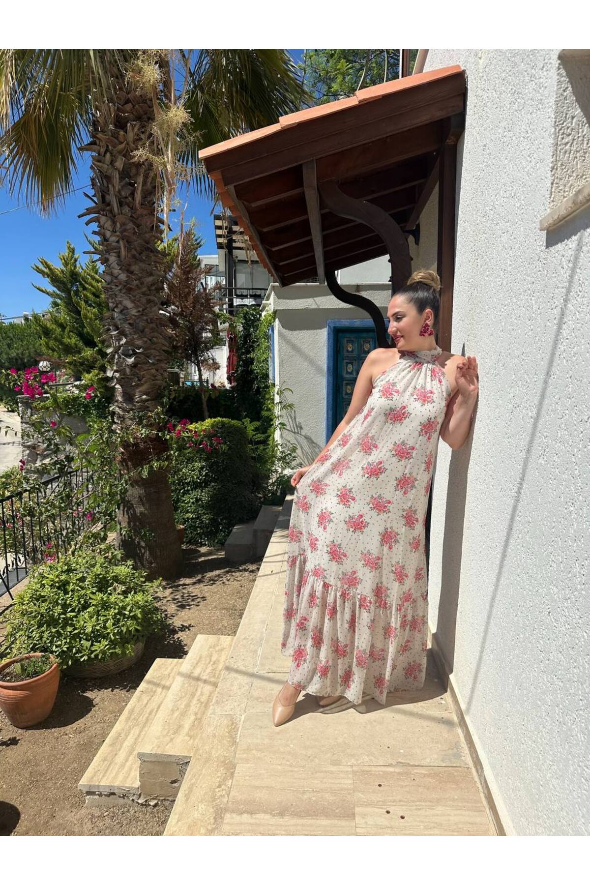 İthal Şifon Astarlı Uzun Boyundan Bağlamalı Elbise