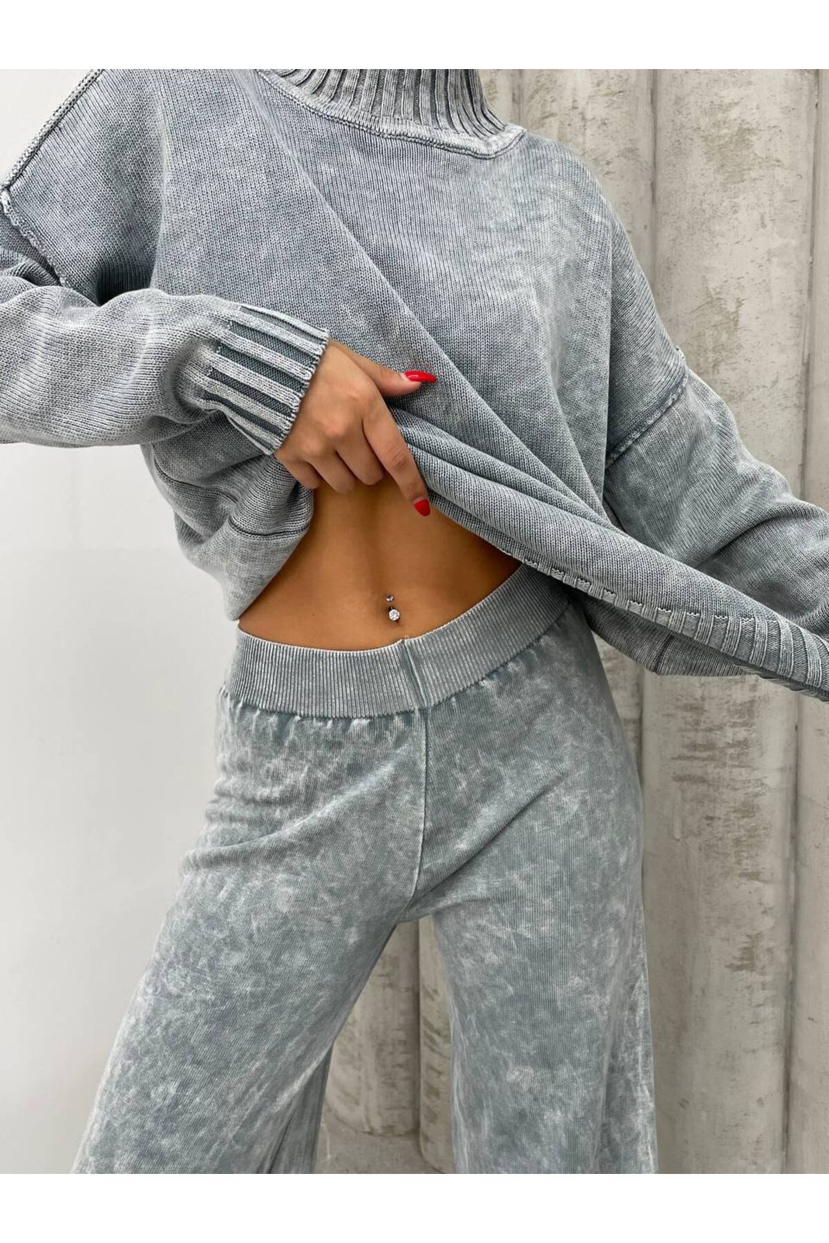 Tasarım Örme Yıkamalı Pantolon Kazak Takım - Gri