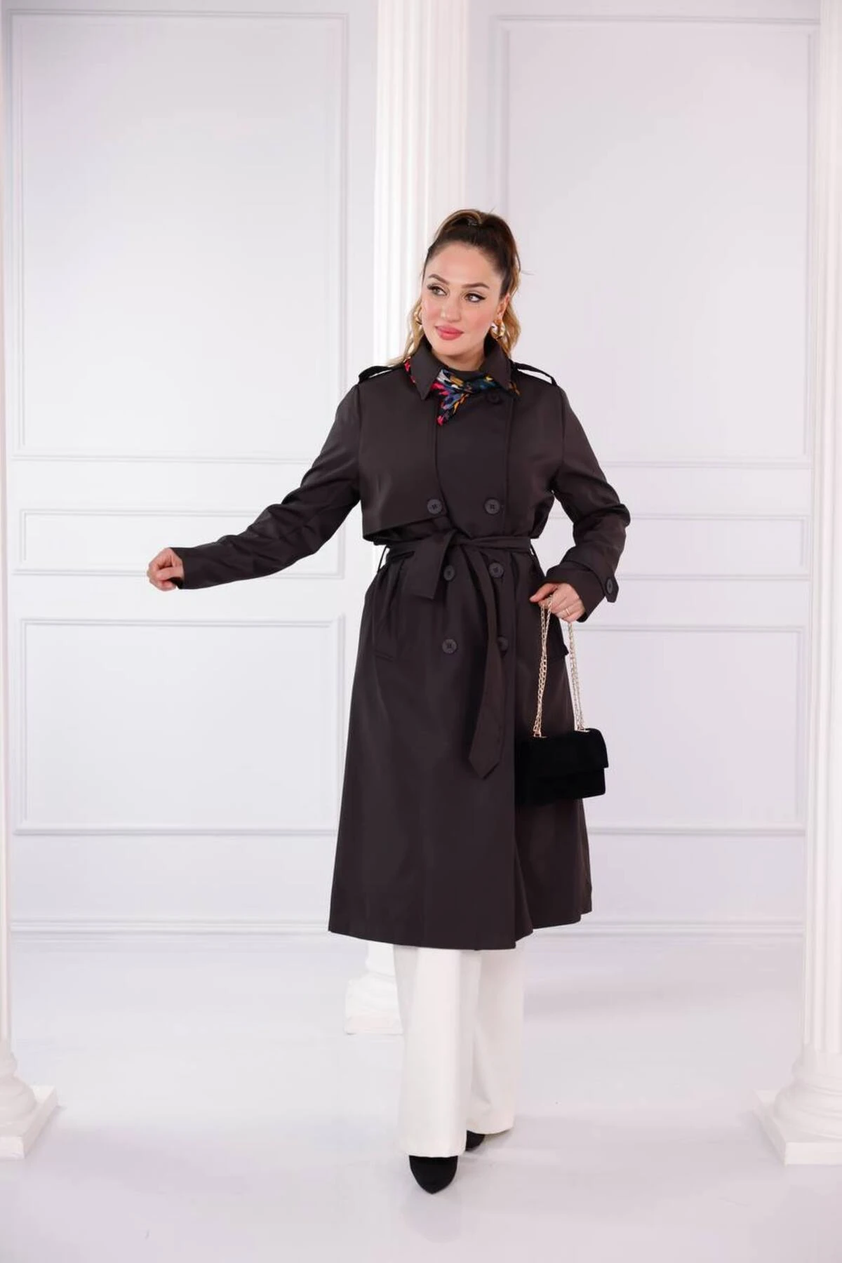 Kruvaze Yaka Uzun Trençkot