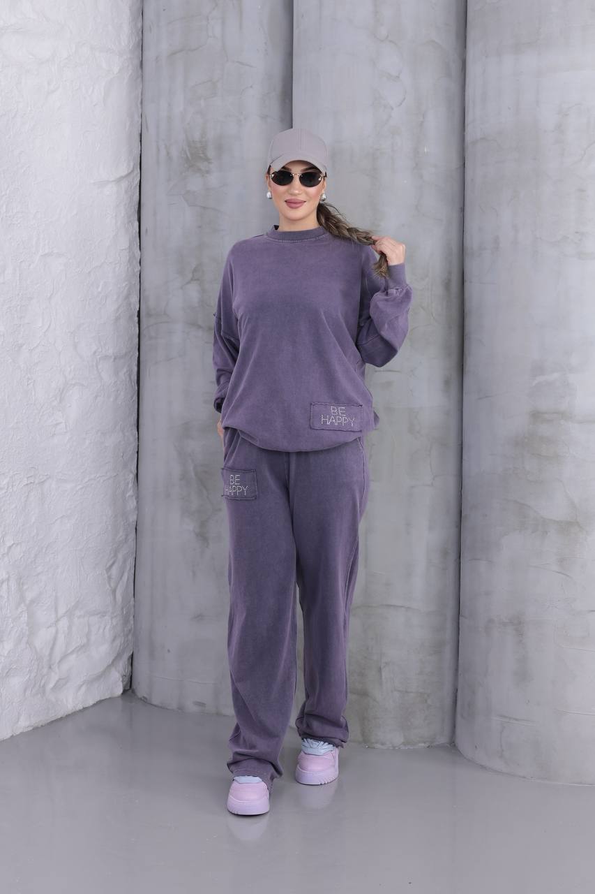 Yıkamalı Taşlı Oversize Salaş Eşofman Takımı  - Mor