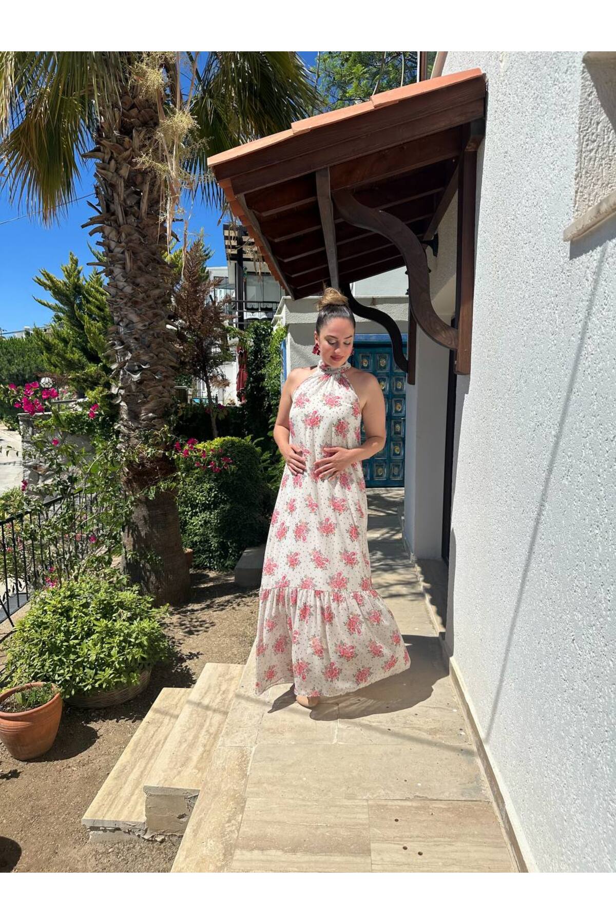 İthal Şifon Astarlı Uzun Boyundan Bağlamalı Elbise