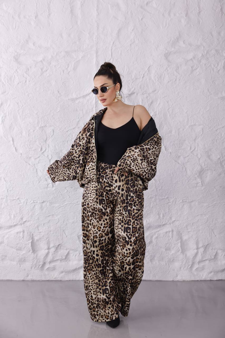 Z.R Muadil Leopar Premium Dokulu Saten Bomber Ceket Pantolon Takım