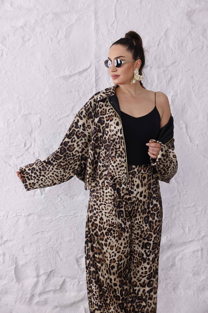 Z.R Muadil Leopar Premium Dokulu Saten Bomber Ceket Pantolon Takım