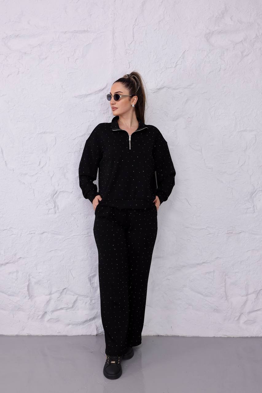 Taş Detaylı Likralı O.Y.Ş Kumaş Fermuarlı Eşofman Takımı - Siyah