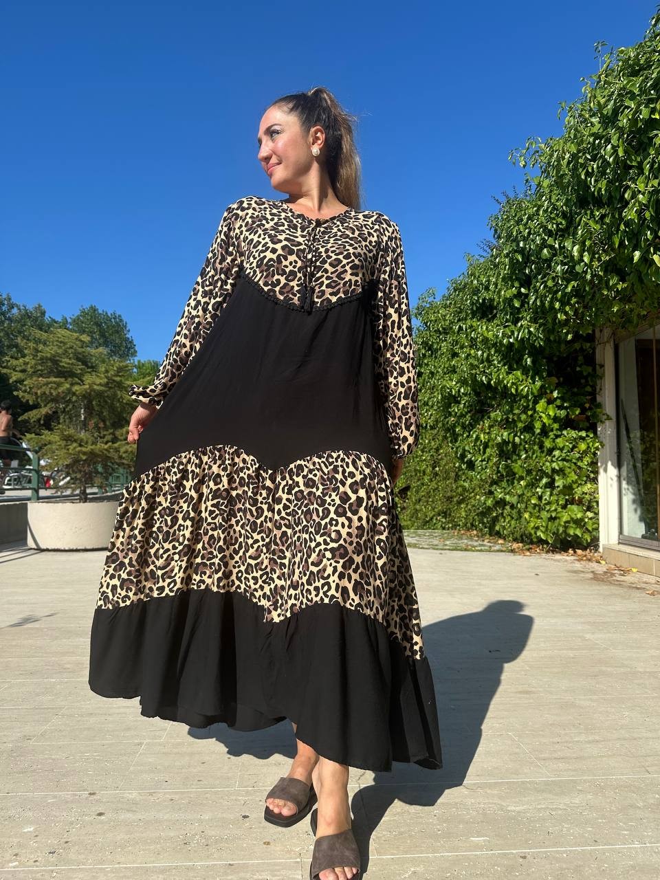 Leopar Desenli Robalı Maksi Boy Elbise