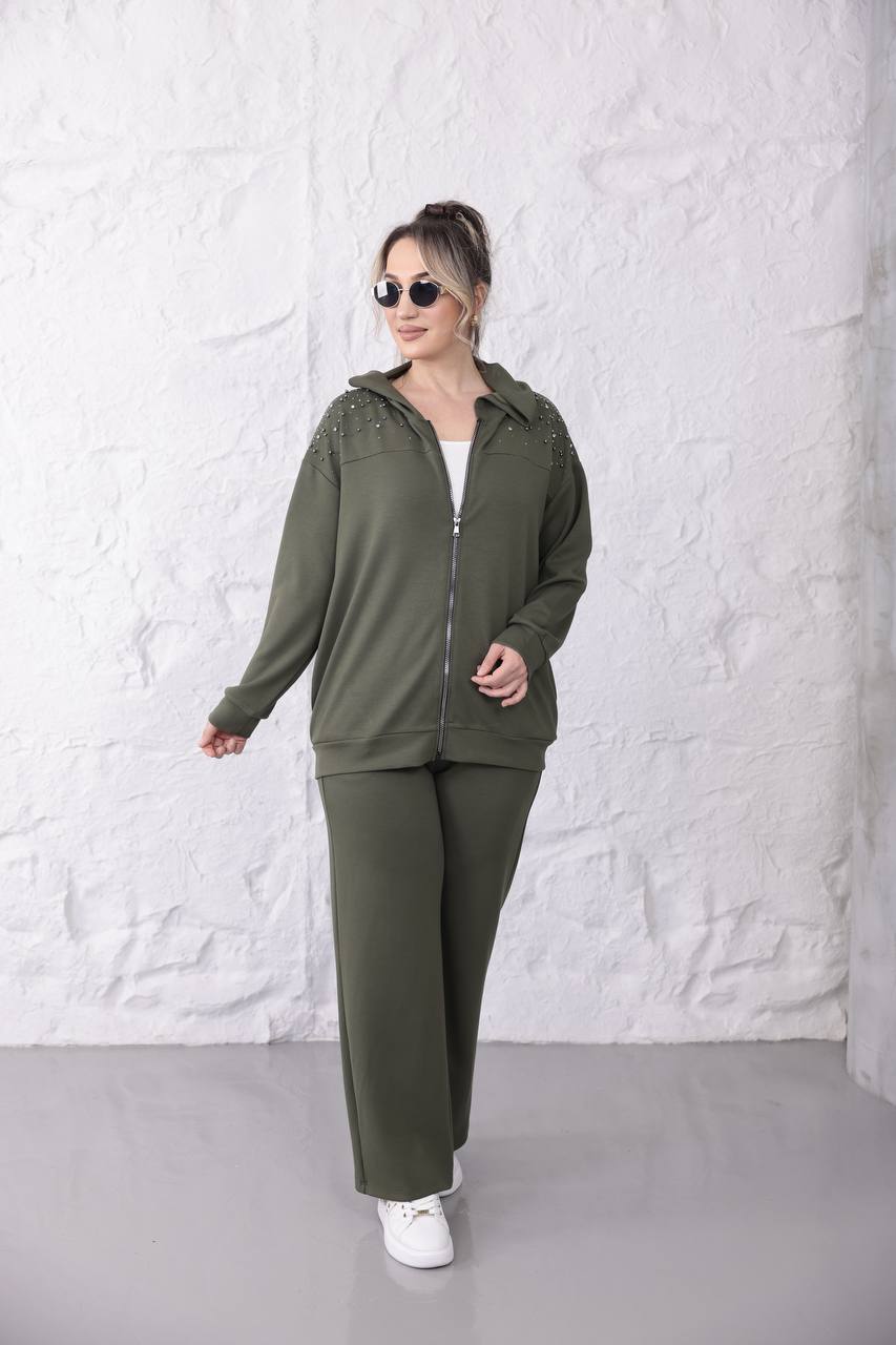 Taş ve İnci İşlemeli Fermuarlı Eşofman Takım - Haki