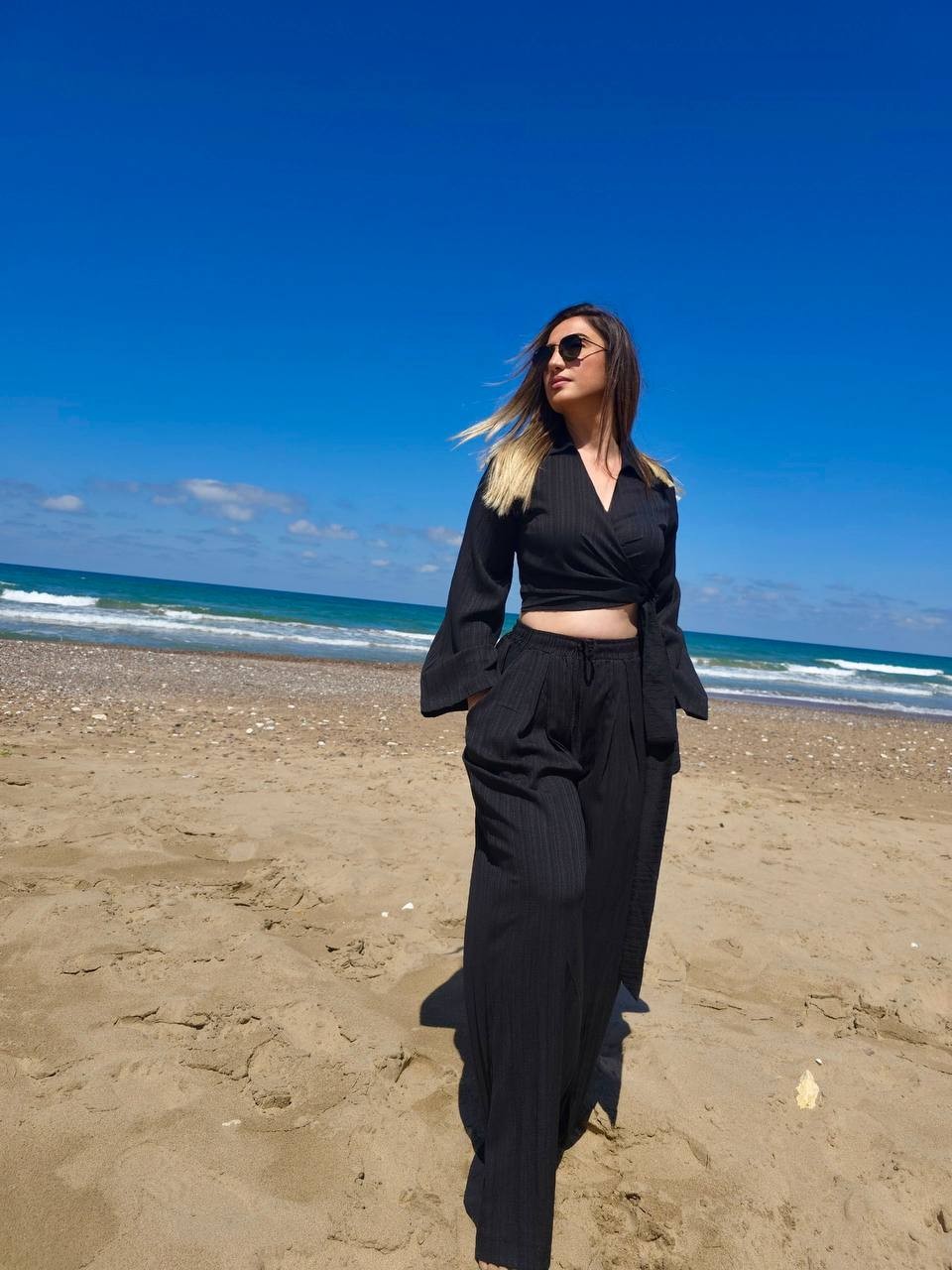 Gofre Tasarım Siyah Bluz PantolonTakım