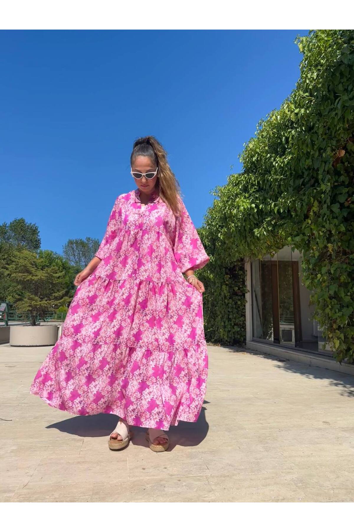 Çiçek Desenli Salaş Uzun Balon Kol Elbise