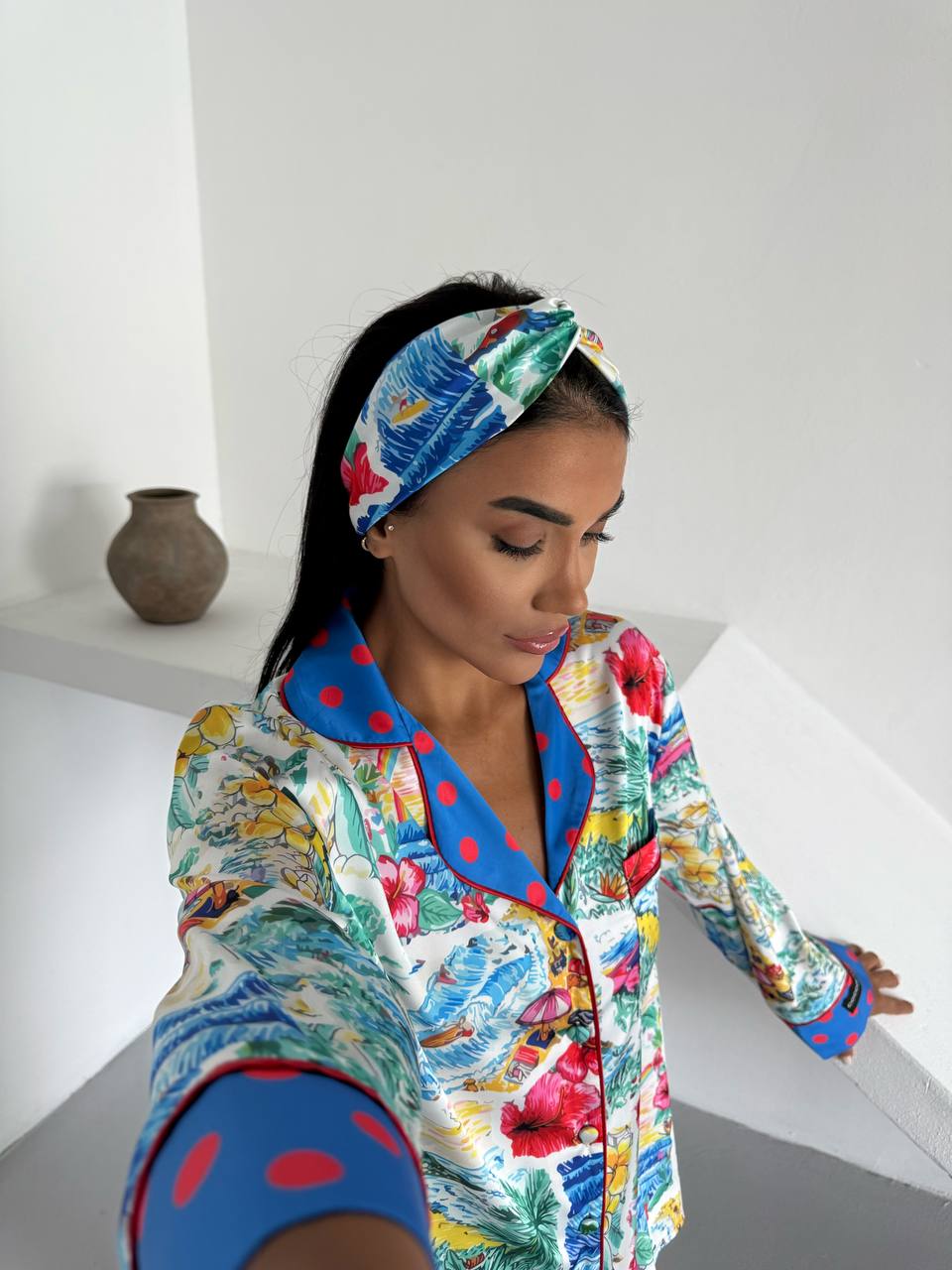 Armani Saten Yaka Puan Detaylı Karma Desen Takım