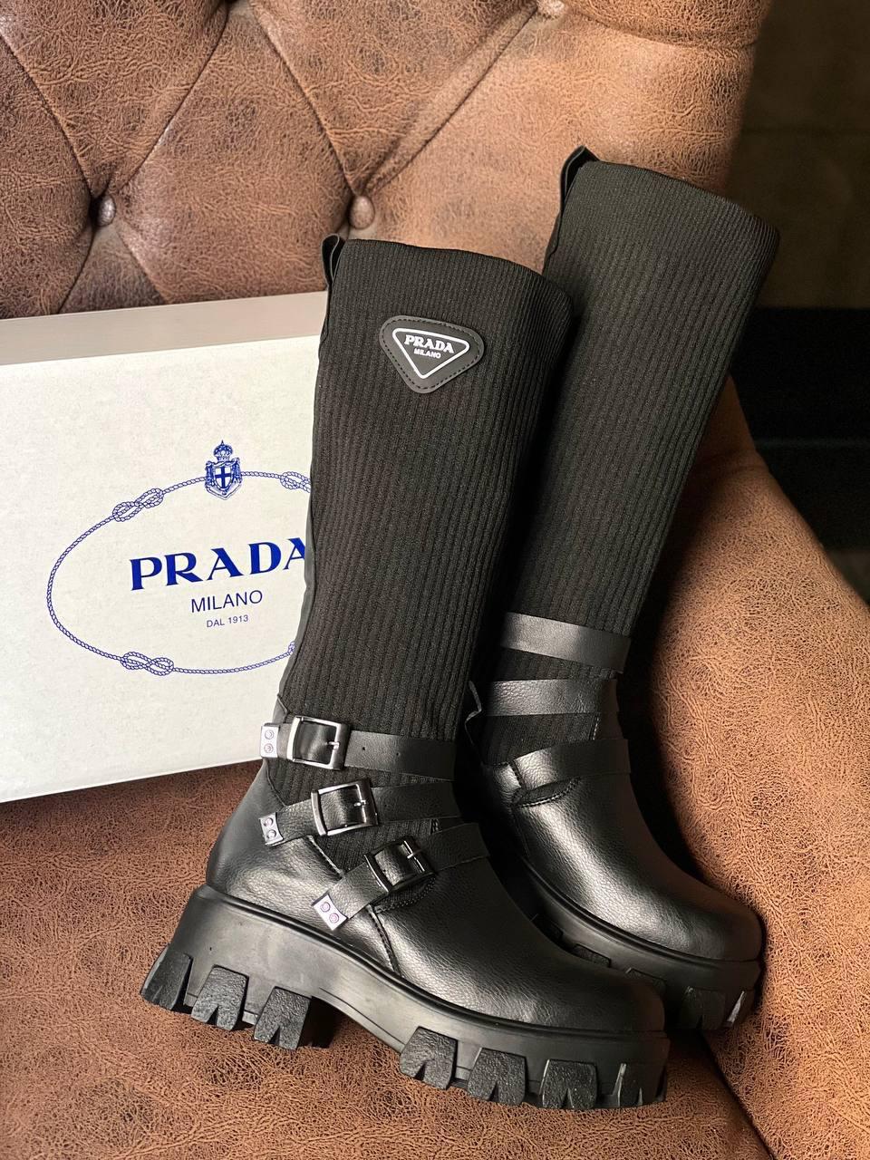 Prada Çorap Detaylı Deri Bot Tiko Uzun