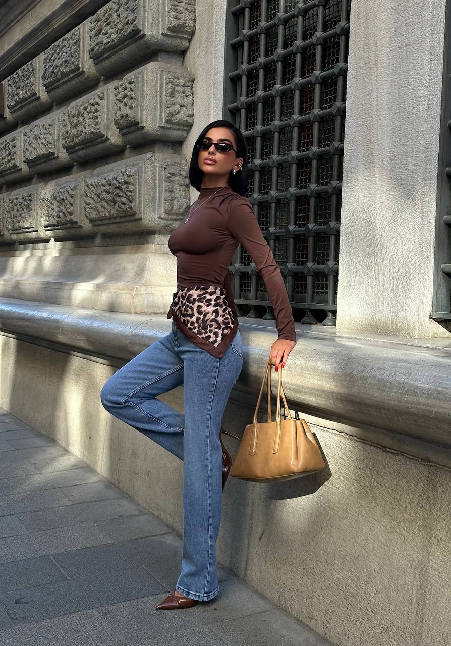 Leopar şal detaylı Palazzo Kot Pantolon