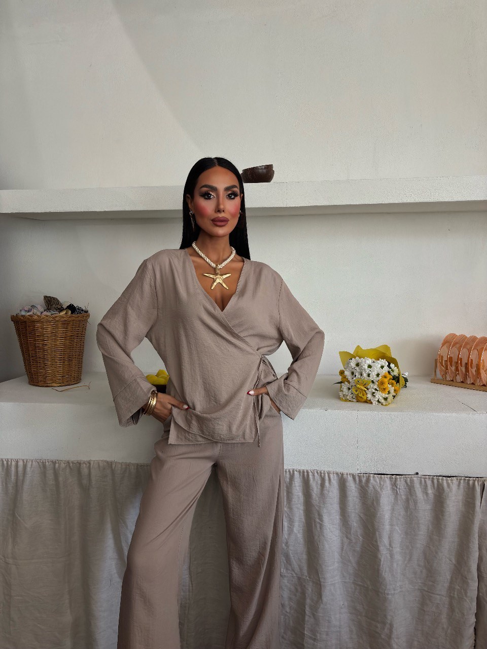 Linen Dökümlü Kumaş Kemerli Bluz Pantolon Takımı