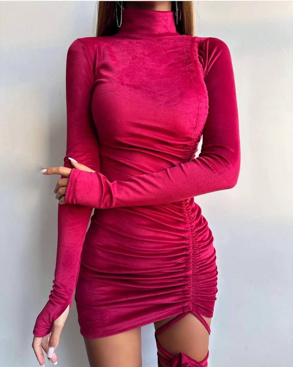  ithal Kadife Gül Detaylı Elbise