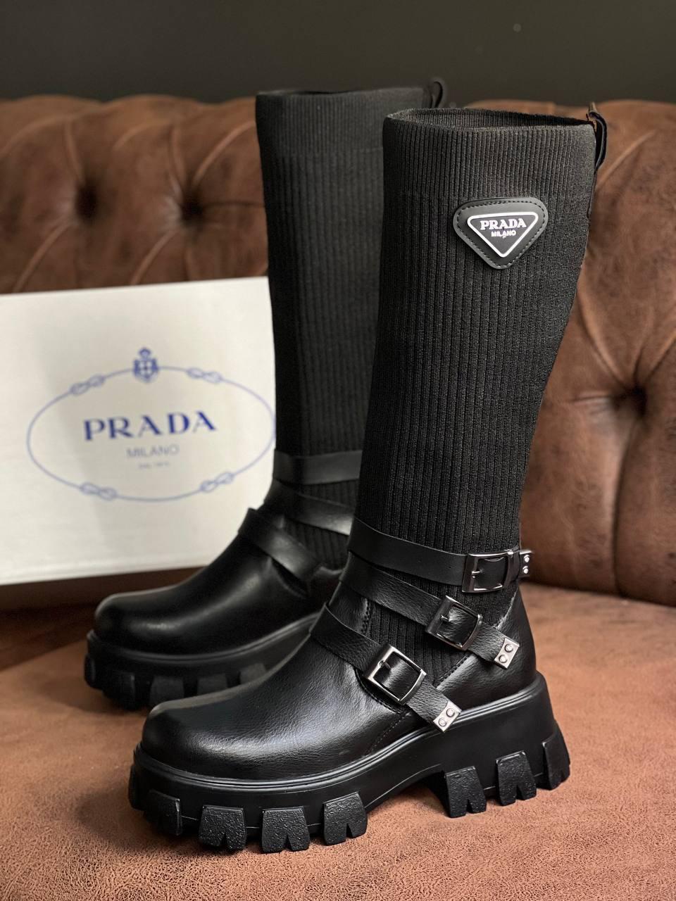 Prada Çorap Detaylı Deri Bot Tiko Uzun