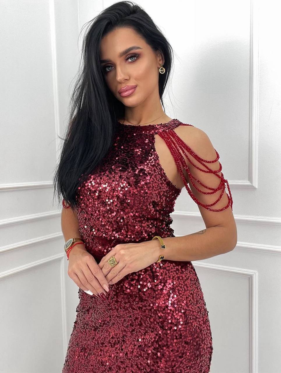 Kadife Payet Kumaş Kollar Taş  İşlemeli Tasarım Elbise