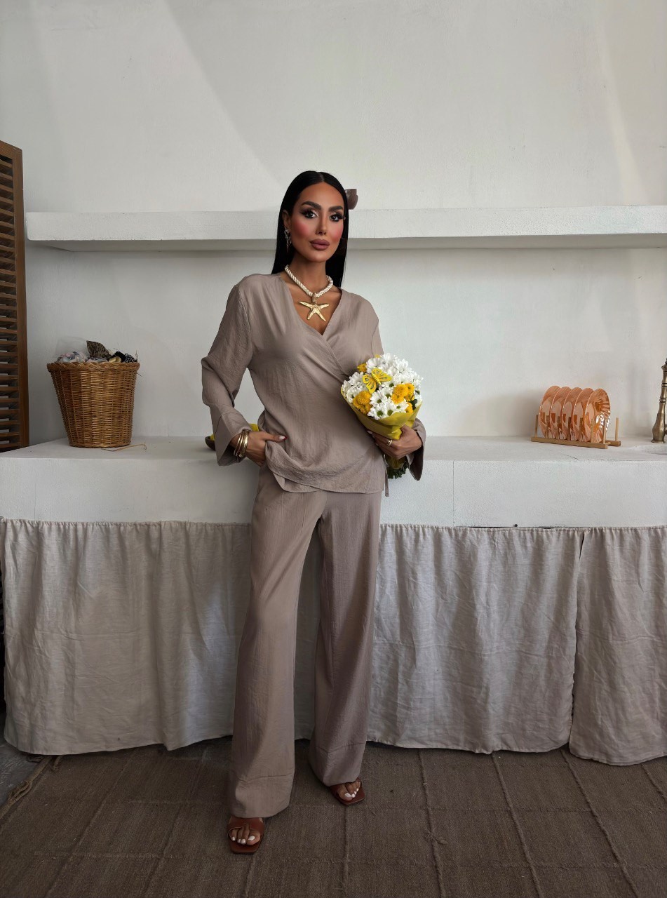 Linen Dökümlü Kumaş Kemerli Bluz Pantolon Takımı