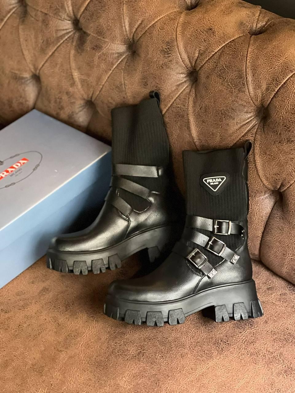 Prada Çorap Detaylı Deri Bot
