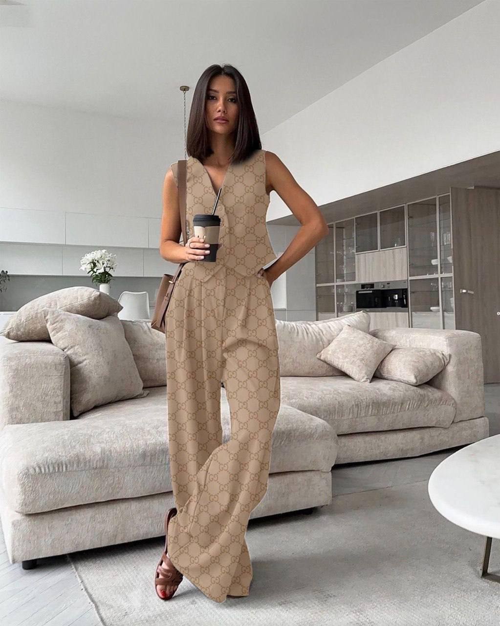 Gucci İhtal  Kumaş  Flok Baskılı Yelek Takım