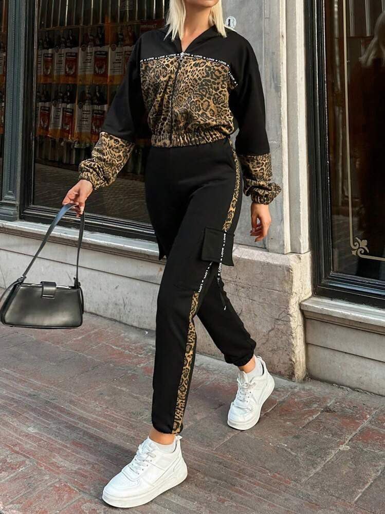  Kadın uzun kollu kapşonlu leopar desenli viskon iki iplik bluz ve pantolon ikili takım 