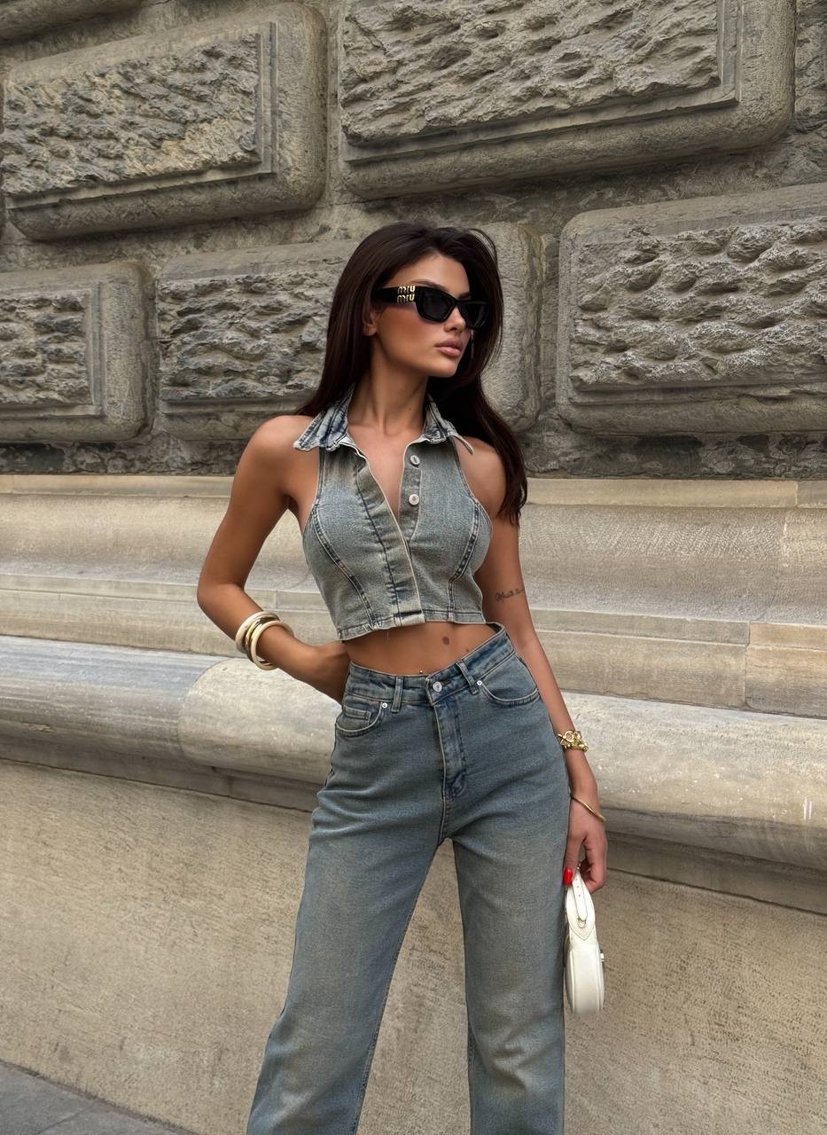 Free  Denim Düğmeli Crop