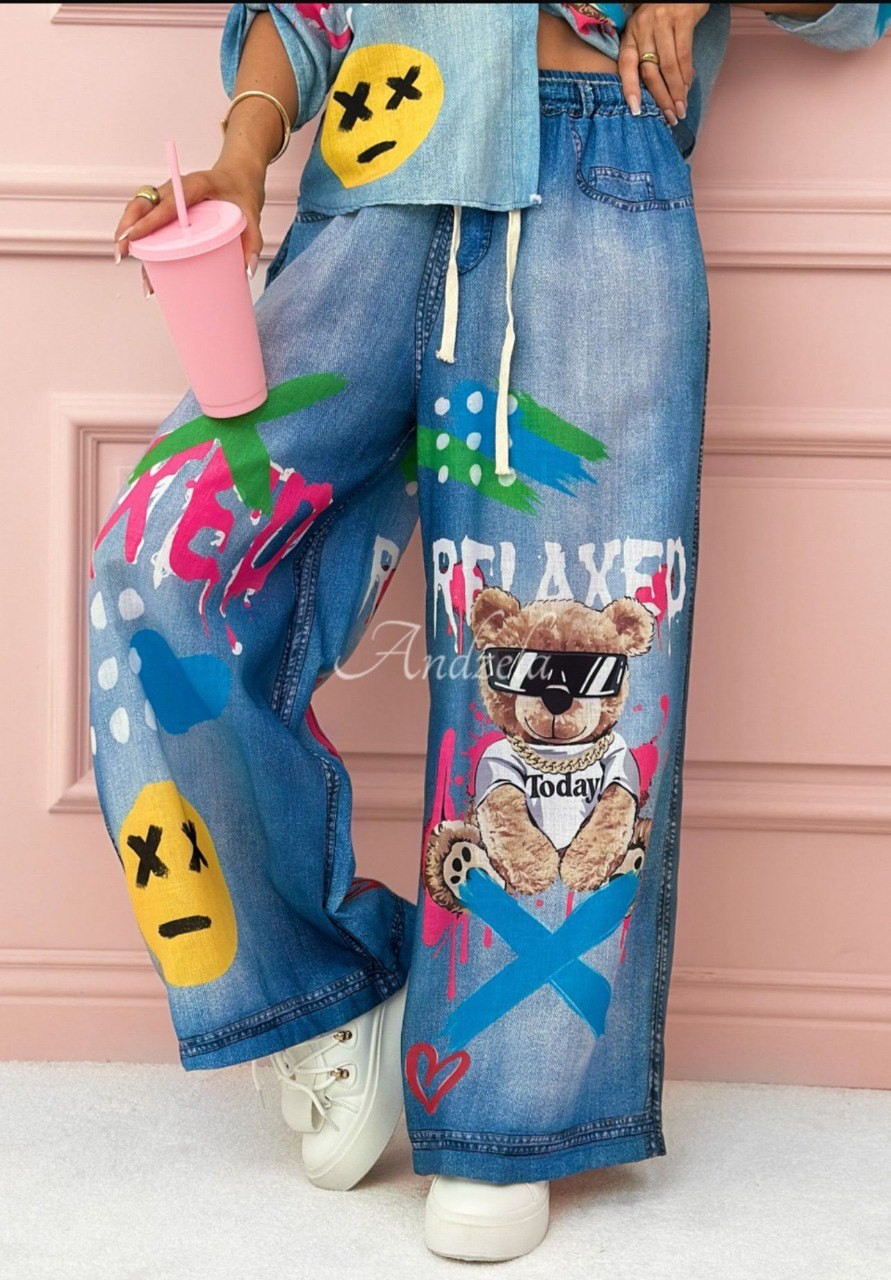 Ayıcık Baskılı Jeans Efektli Gömlek&Pantalon Takım İthal Krep Kumas 