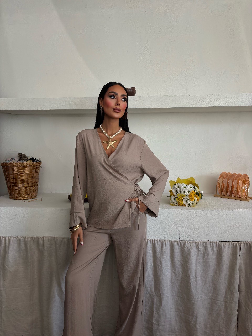 Linen Dökümlü Kumaş Kemerli Bluz Pantolon Takımı