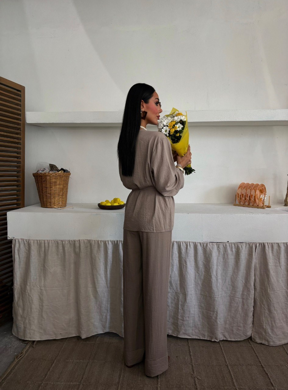 Linen Dökümlü Kumaş Kemerli Bluz Pantolon Takımı