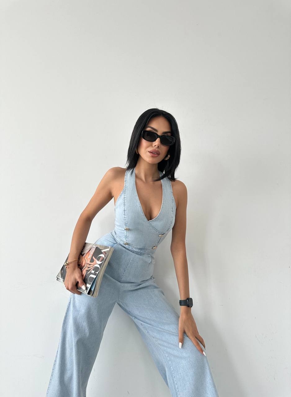 Tensel Denim Kot Tulum  Gold Düğme Detay  İki Renk Boyundan Düğmelidir 