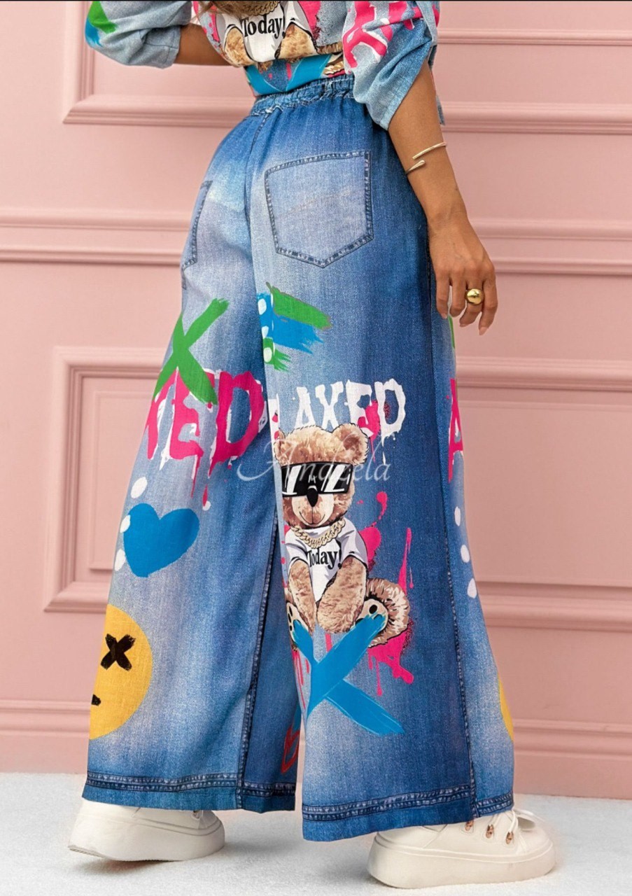 Ayıcık Baskılı Jeans Efektli Gömlek&Pantalon Takım İthal Krep Kumas 