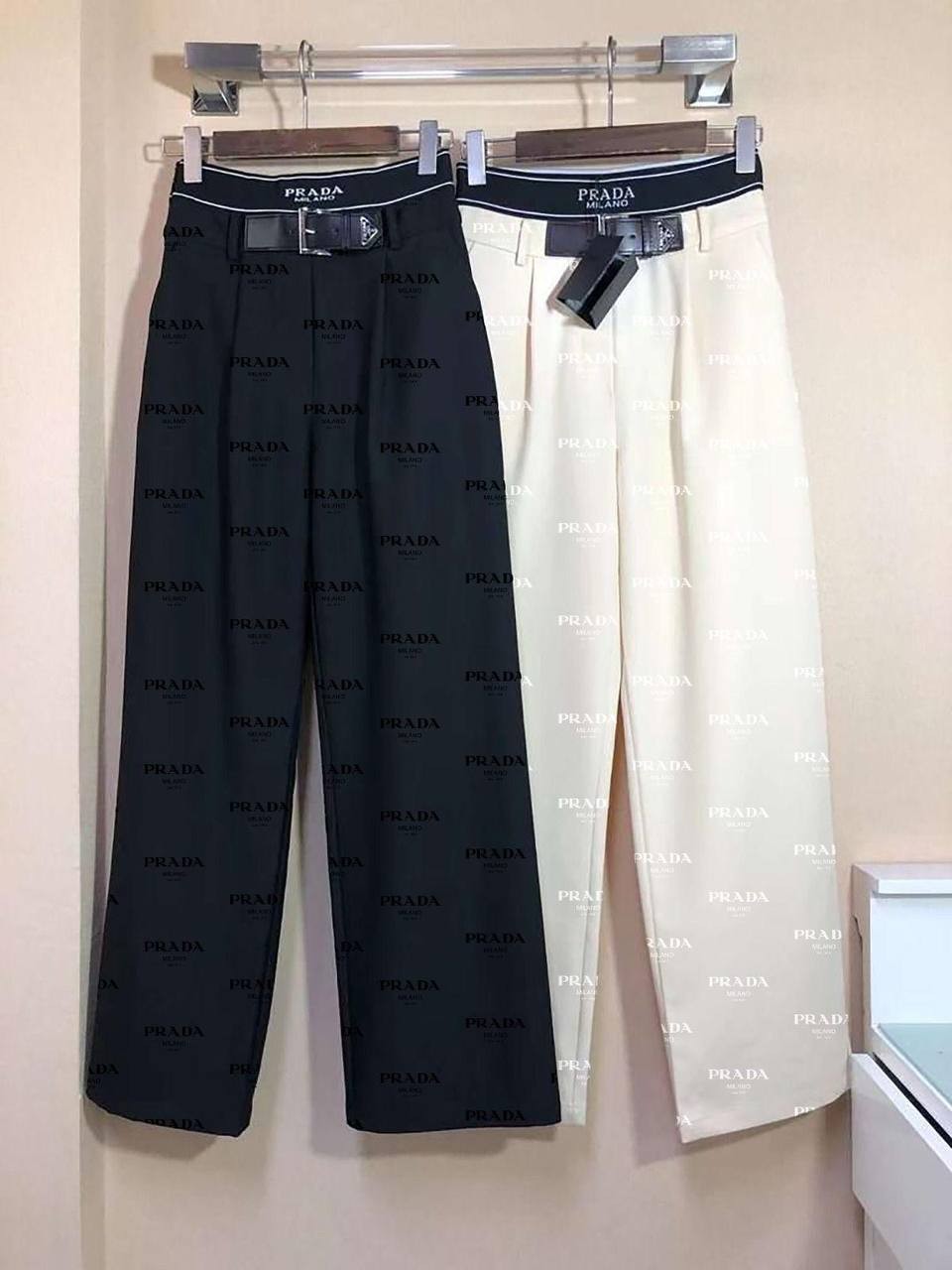  Prada İthal Double Kumaş Flok Baskılı Kemer Detaylı Pantolon