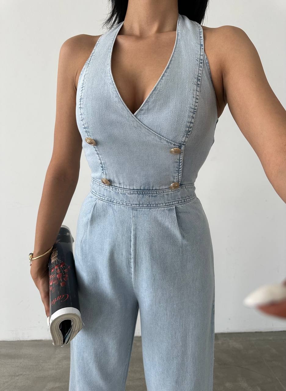Tensel Denim Kot Tulum  Gold Düğme Detay  İki Renk Boyundan Düğmelidir 