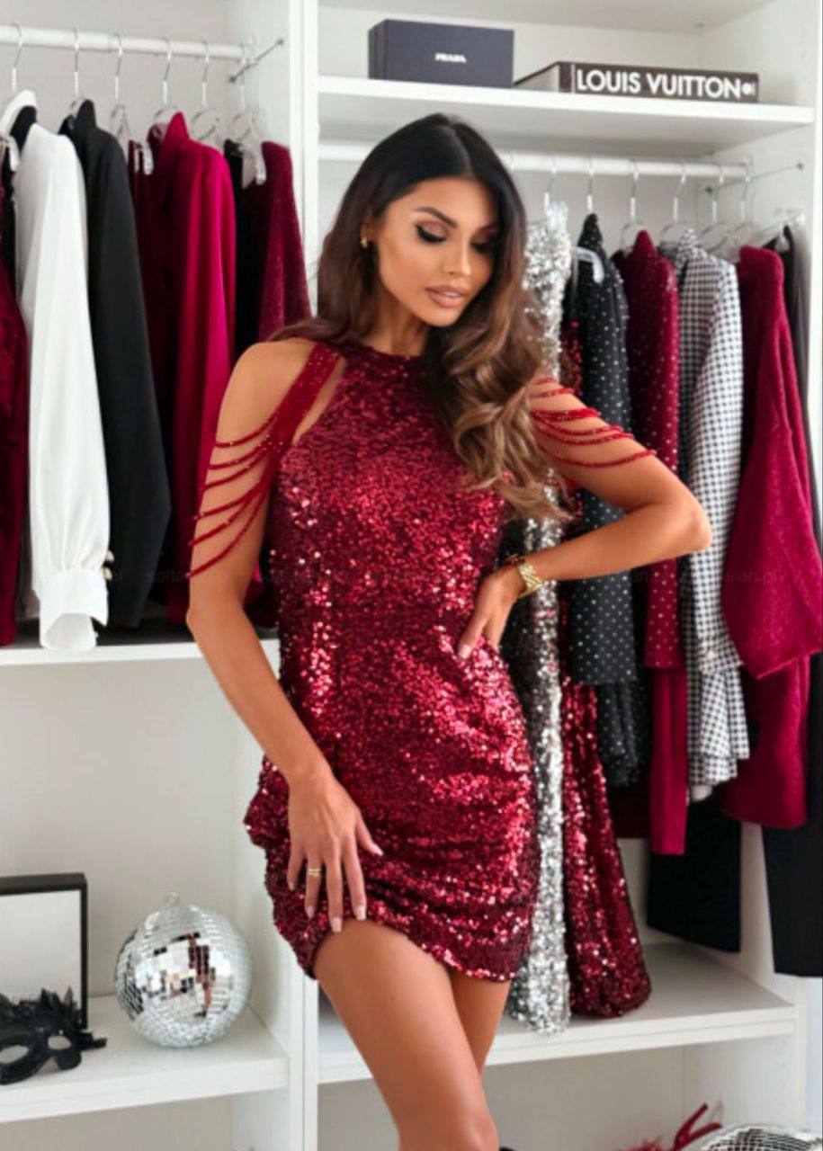 Kadife Payet Kumaş Kollar Taş  İşlemeli Tasarım Elbise