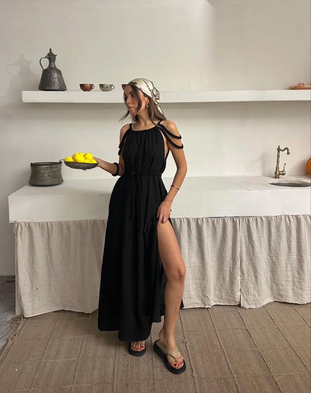 Örgü Detaylı Helen Keten Elbise
